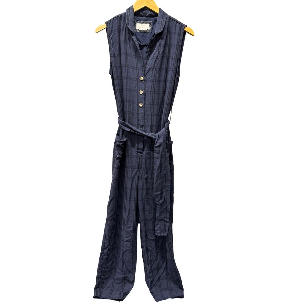 Anthropologie Brielle Jumpsuit Womens Small S Sleeveless Plaid Navy Blue Belted